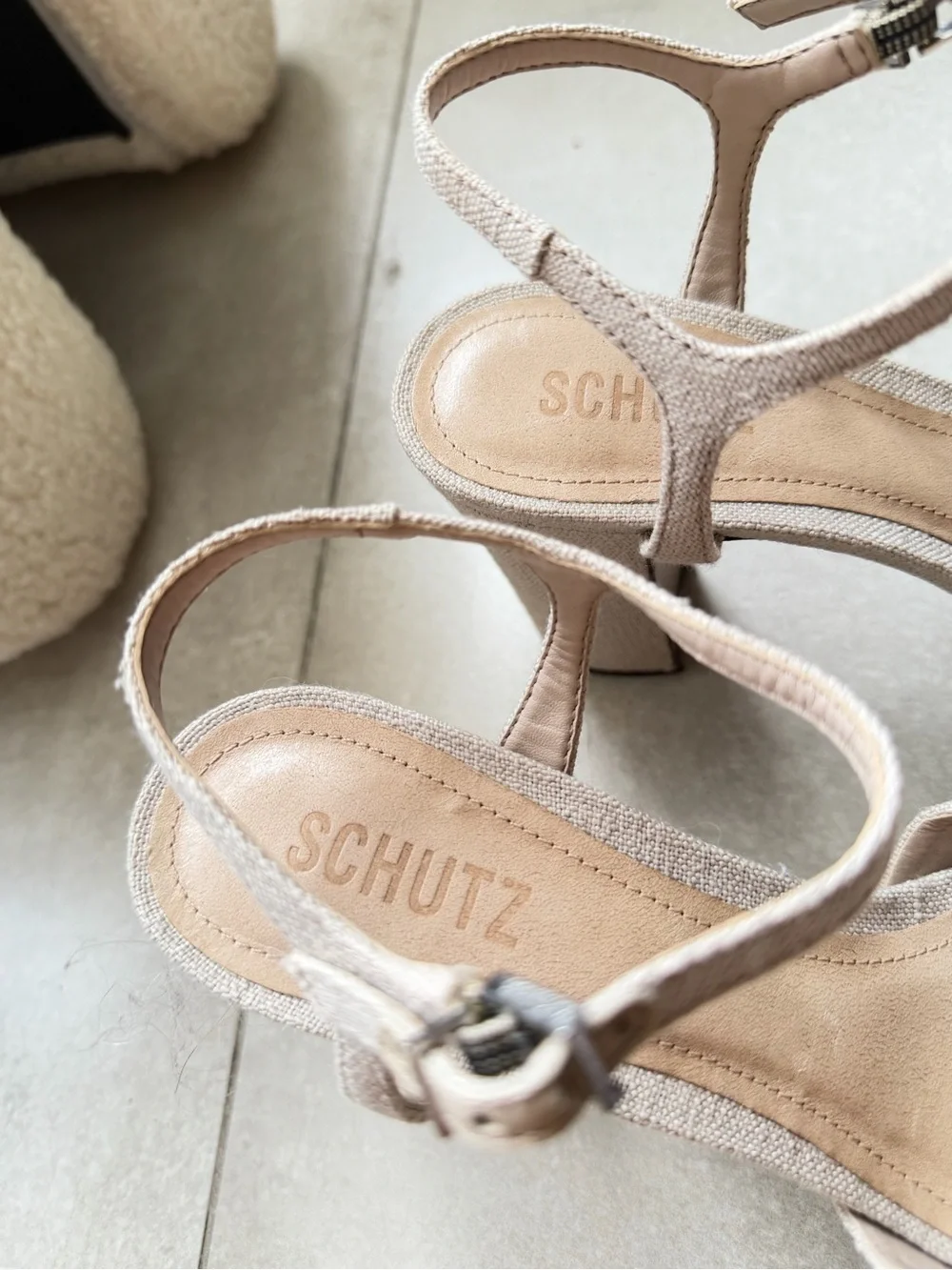 SCHUTZ Neutral Beige Platform Sandal with Block Heel